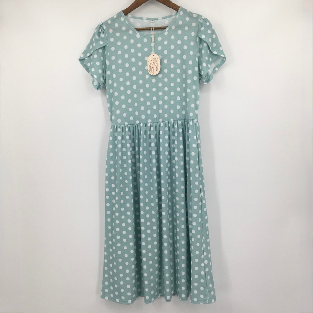Polka Dot Midi Dress Womens S Mint Green Cottagecore Modest Church Tulip Sleeve